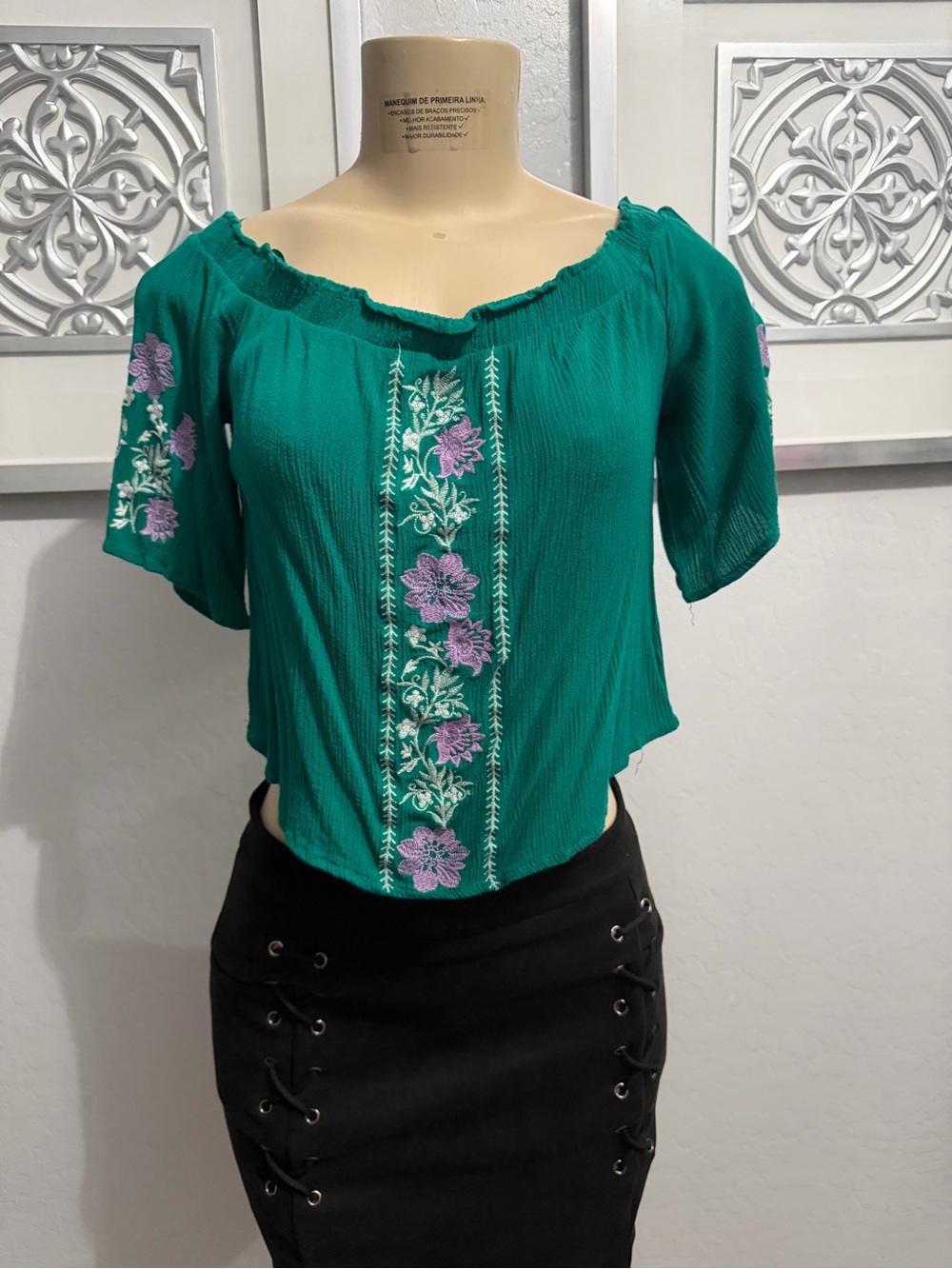 bleuh ciel Teal Off-Shoulder Top with Purple Floral Embroidery